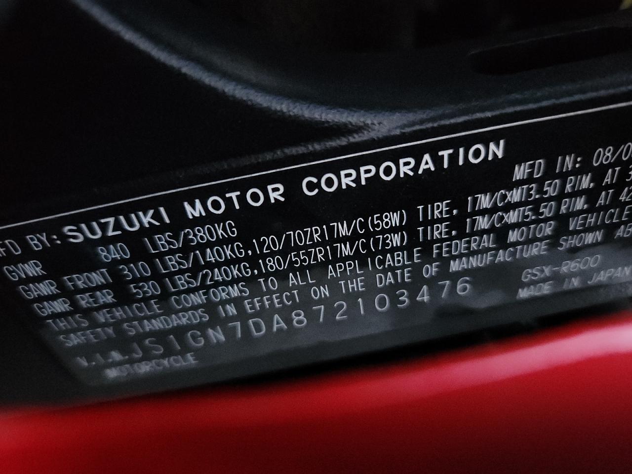 2007 Suzuki Gsx-R600 VIN: JS1GN7DA872103476 Lot: 93274025