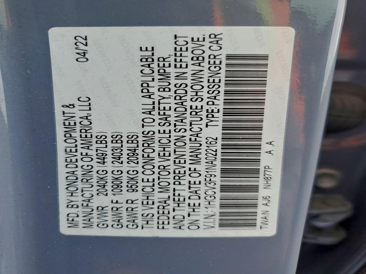 2022 Honda Accord Touring Hybrid VIN: 1HGCV3F91NA022162 Lot: 93870695