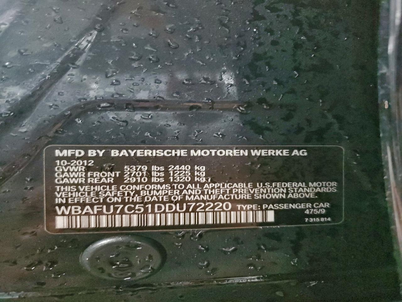 2013 BMW 535 Xi VIN: WBAFU7C51DDU72220 Lot: 92611045