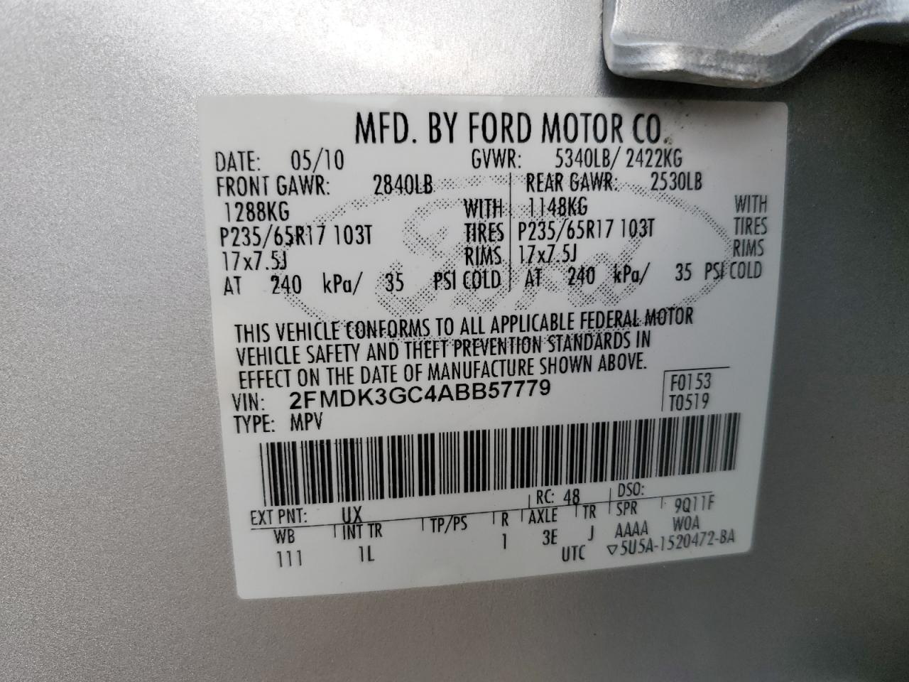 2010 Ford Edge Se VIN: 2FMDK3GC4ABB57779 Lot: 91494075