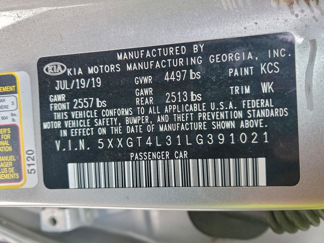 2020 Kia Optima Lx VIN: 5XXGT4L31LG391021 Lot: 93928145