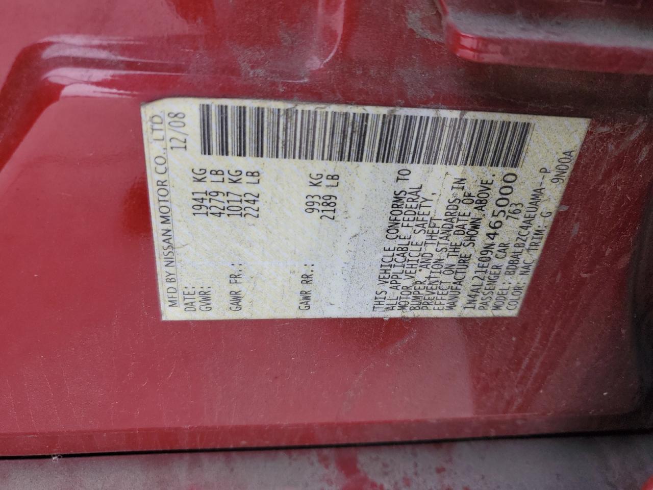 2009 Nissan Altima 2.5 VIN: 1N4AL21E09N465000 Lot: 91971135