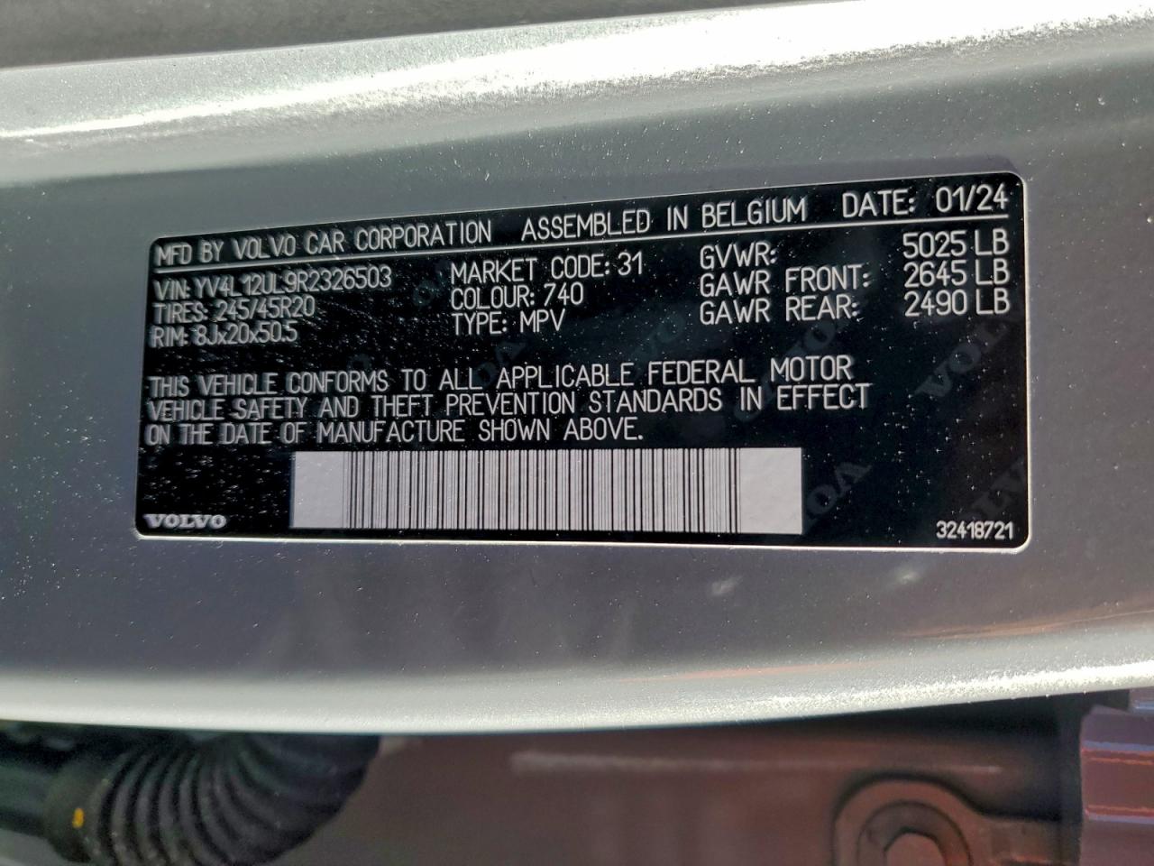 2024 Volvo Xc40 Plus VIN: YV4L12UL9R2326503 Lot: 93035205
