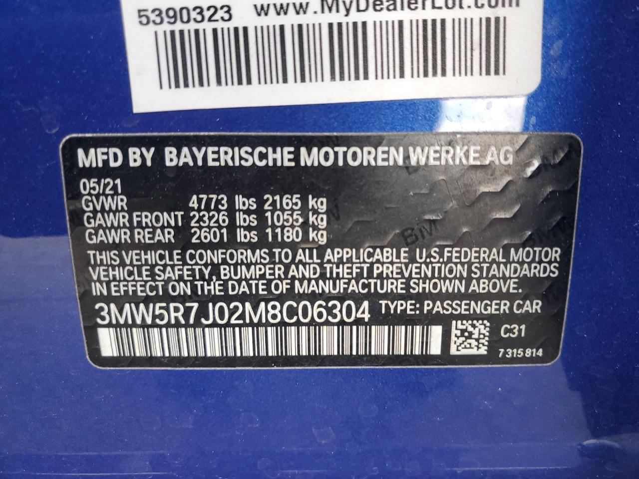 2021 BMW 330Xi VIN: 3MW5R7J02M8C06304 Lot: 93362875