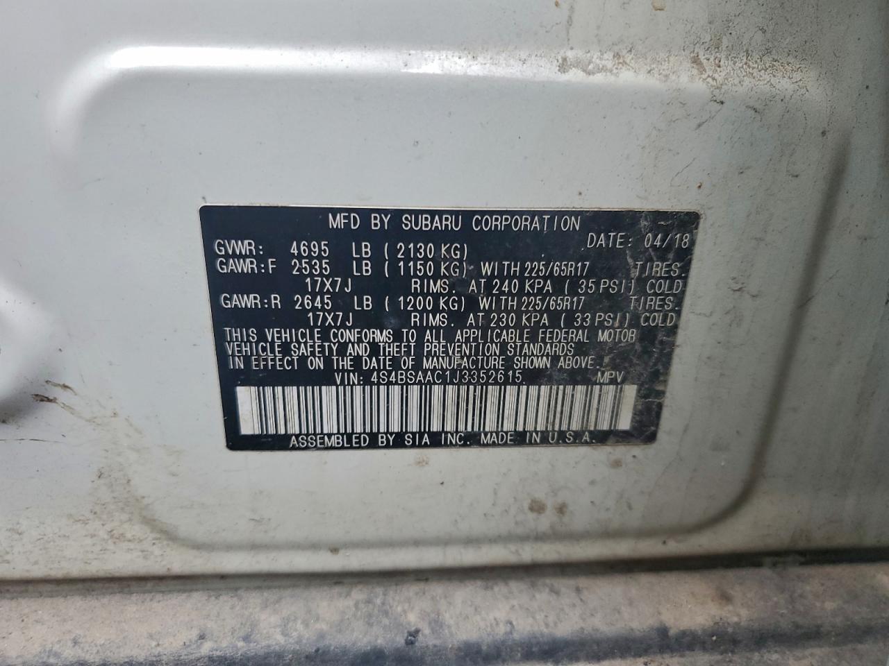 2018 Subaru Outback 2.5I VIN: 4S4BSAAC1J3352615 Lot: 94360765