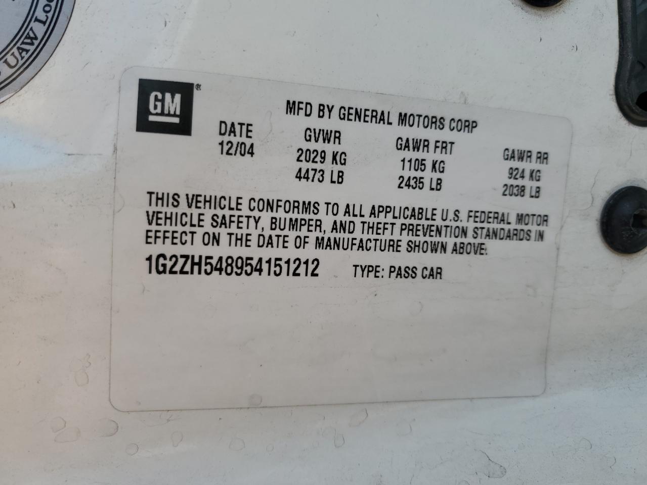 2005 Pontiac G6 Gt VIN: 1G2ZH548954151212 Lot: 91081585