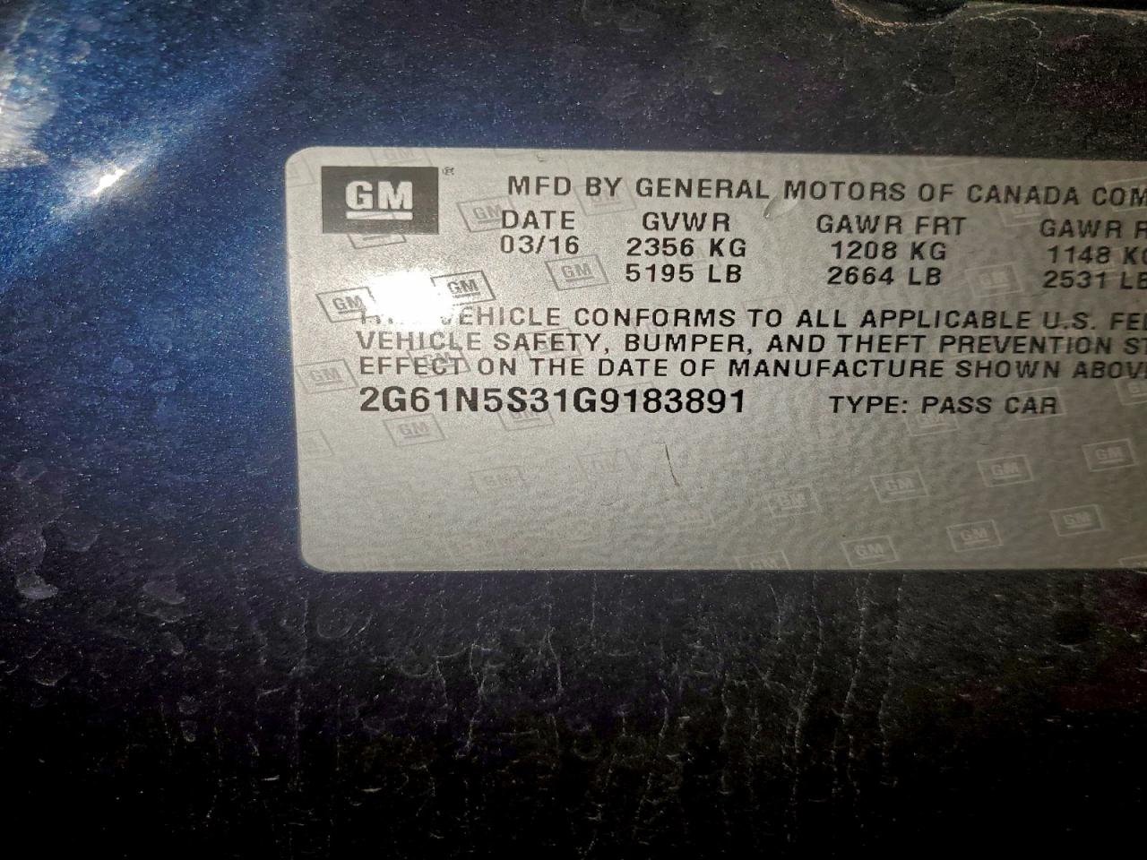 2016 Cadillac Xts Luxury Collection VIN: 2G61N5S31G9183891 Lot: 94385345