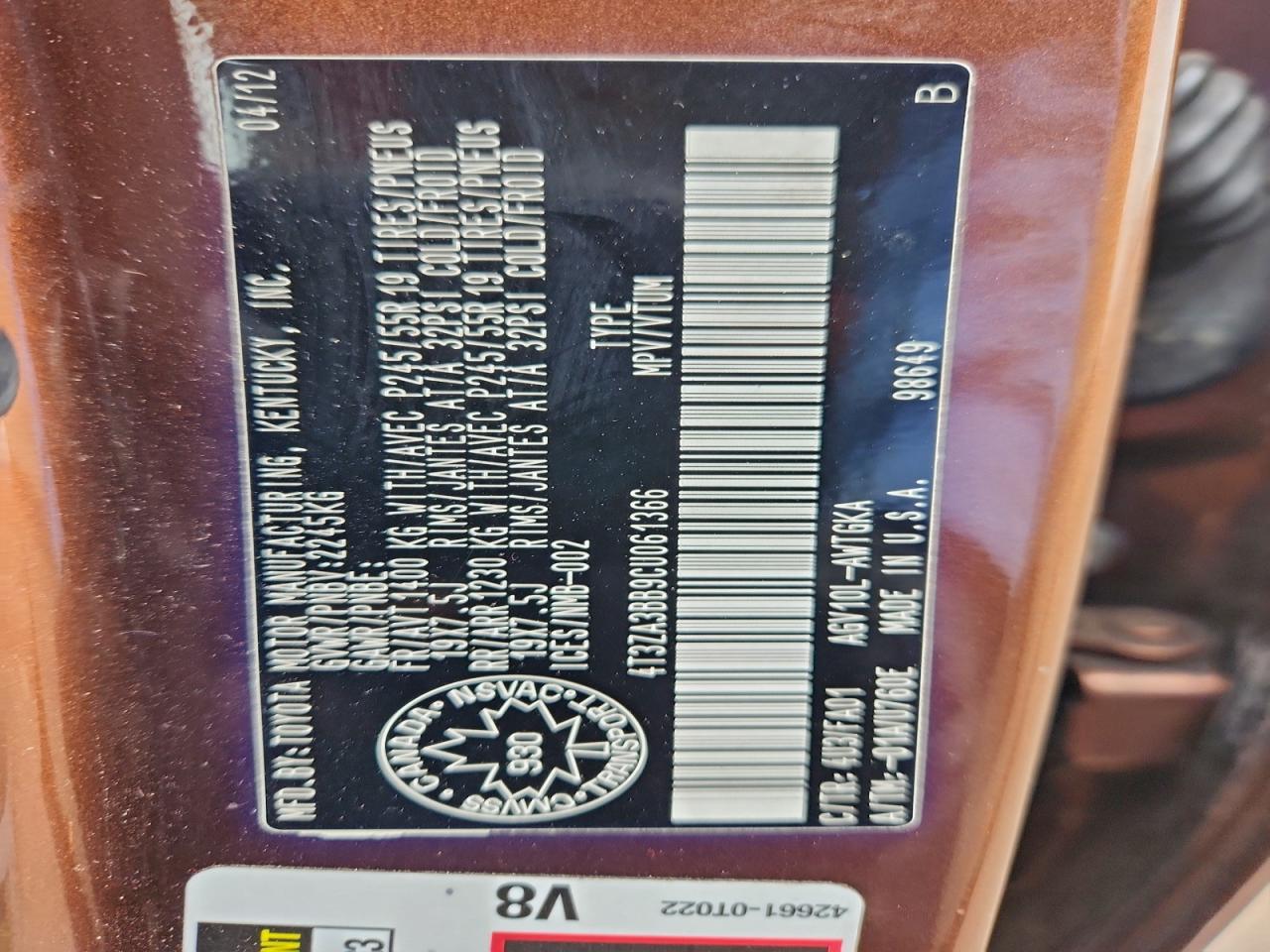 2012 Toyota Venza Le VIN: 4T3ZA3BB9CU061366 Lot: 92839565