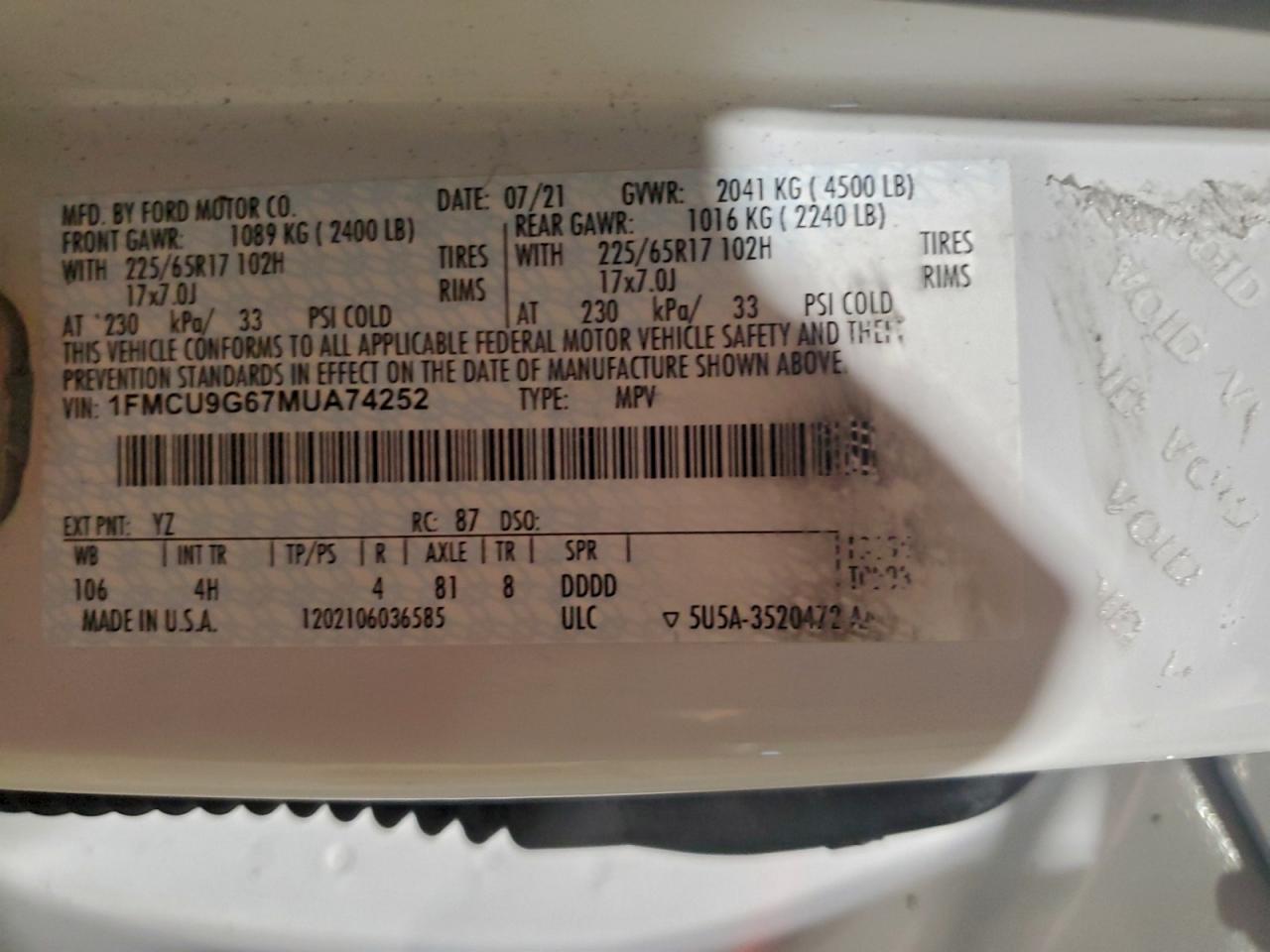 2021 Ford Escape Se VIN: 1FMCU9G67MUA74252 Lot: 94546315