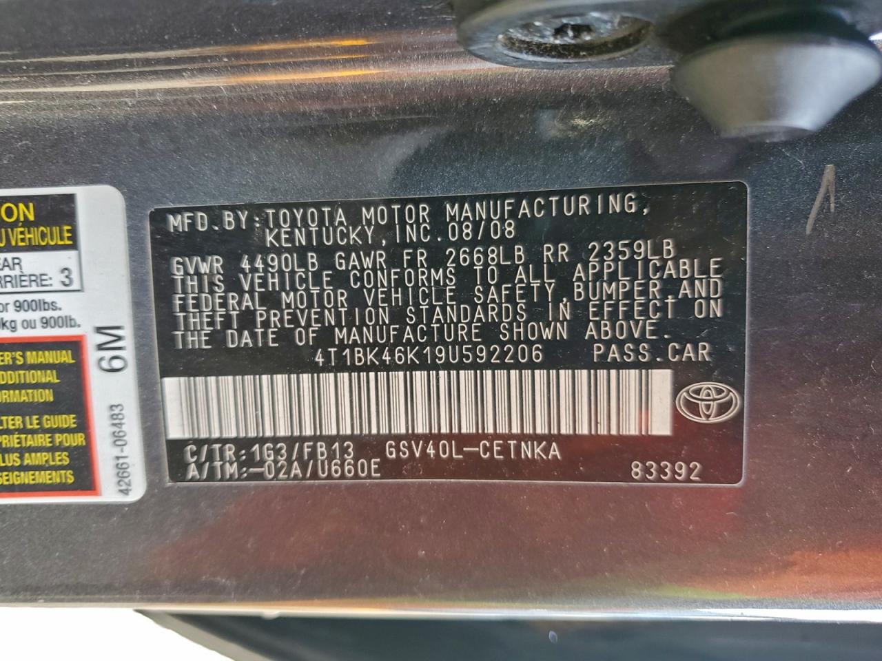 2009 Toyota Camry Se VIN: 4T1BK46K19U592206 Lot: 93963655