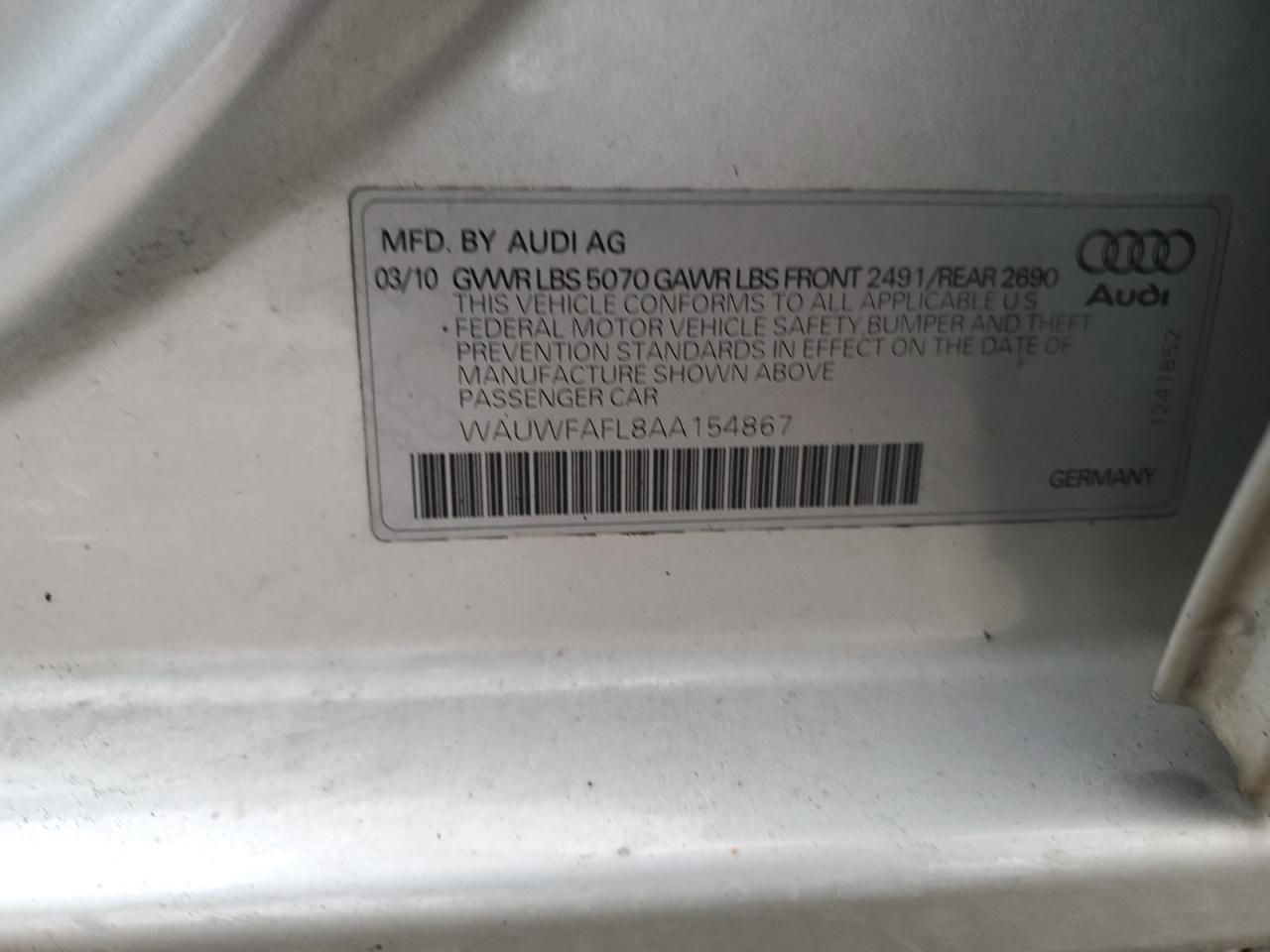 2010 Audi A4 Premium Plus VIN: WAUWFAFL8AA154867 Lot: 93375825