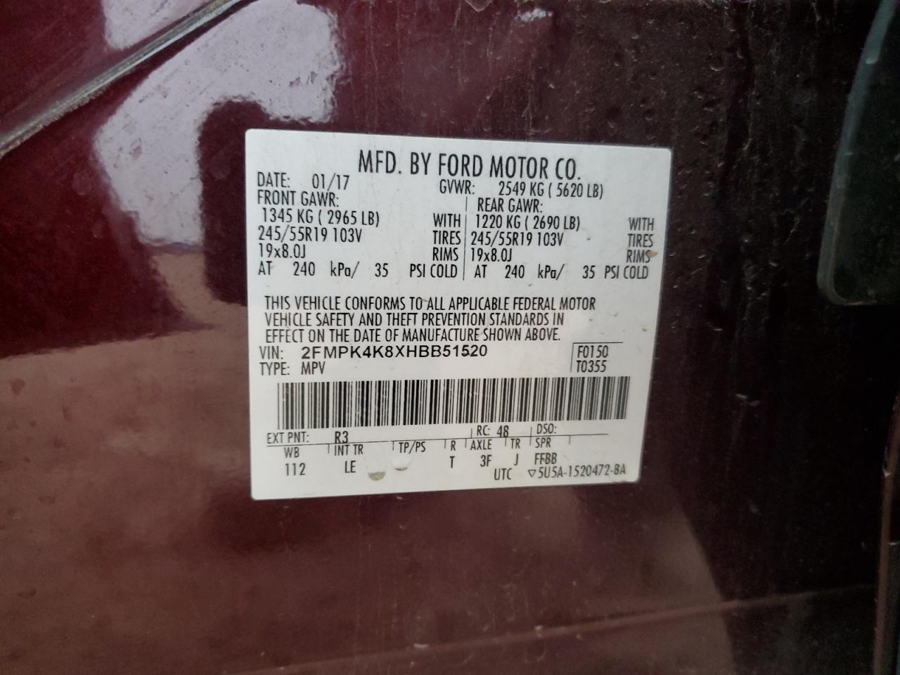 2017 Ford Edge Titanium VIN: 2FMPK4K8XHBB51520 Lot: 93834225