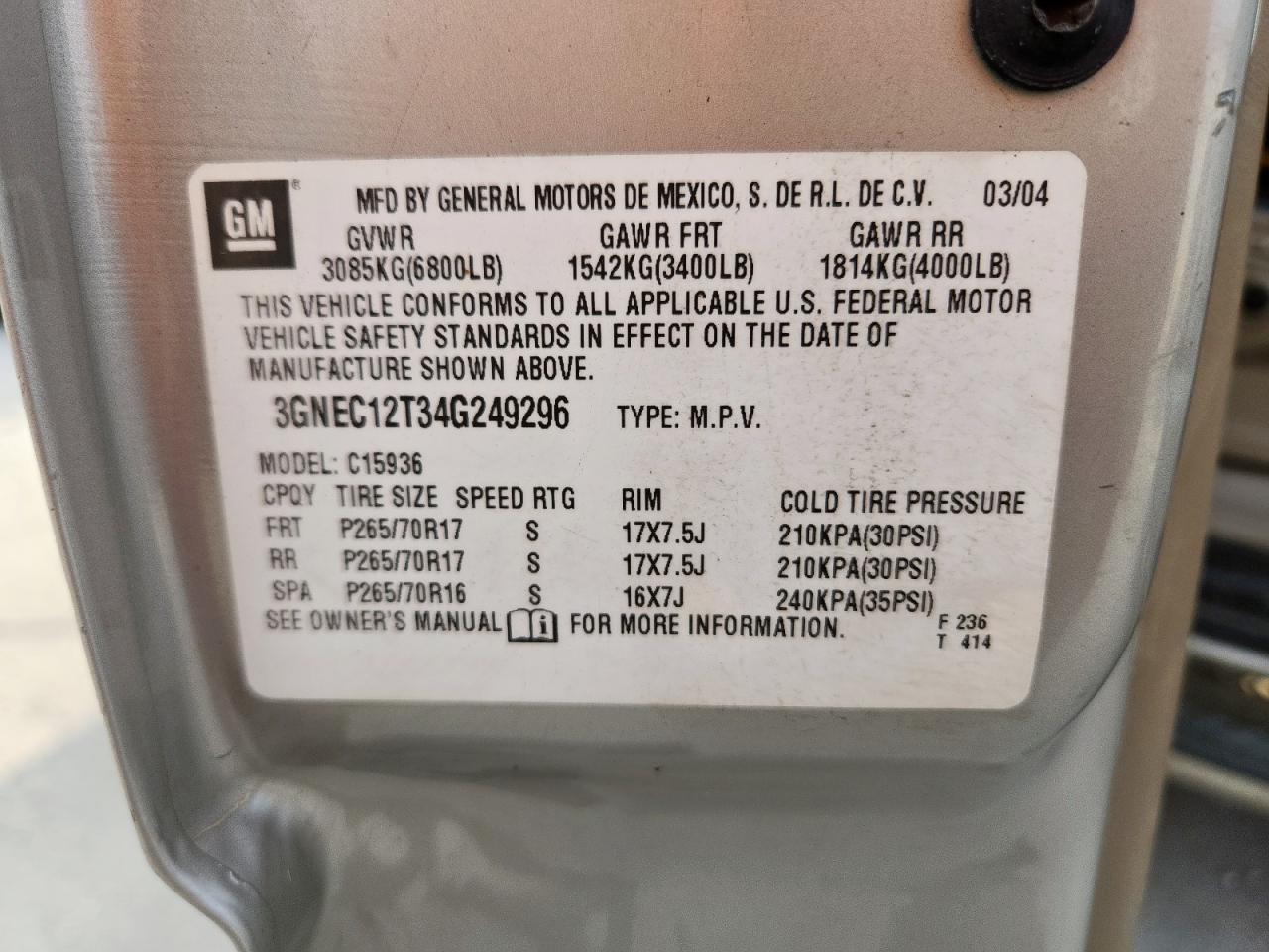 2004 Chevrolet Avalanche C1500 VIN: 3GNEC12T34G249296 Lot: 93132645