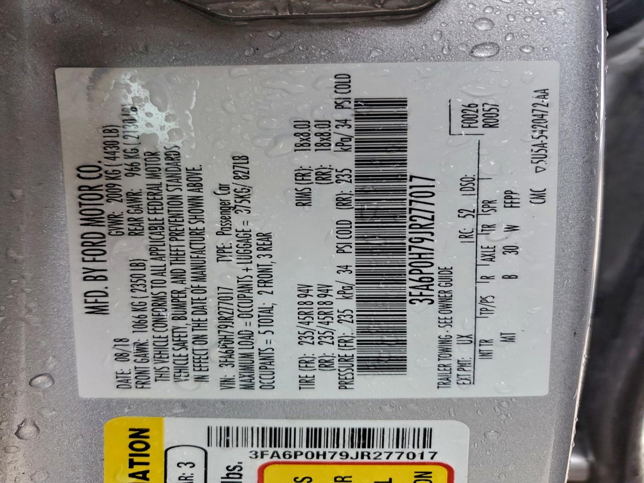 2018 Ford Fusion Se VIN: 3FA6P0H79JR277017 Lot: 93704345