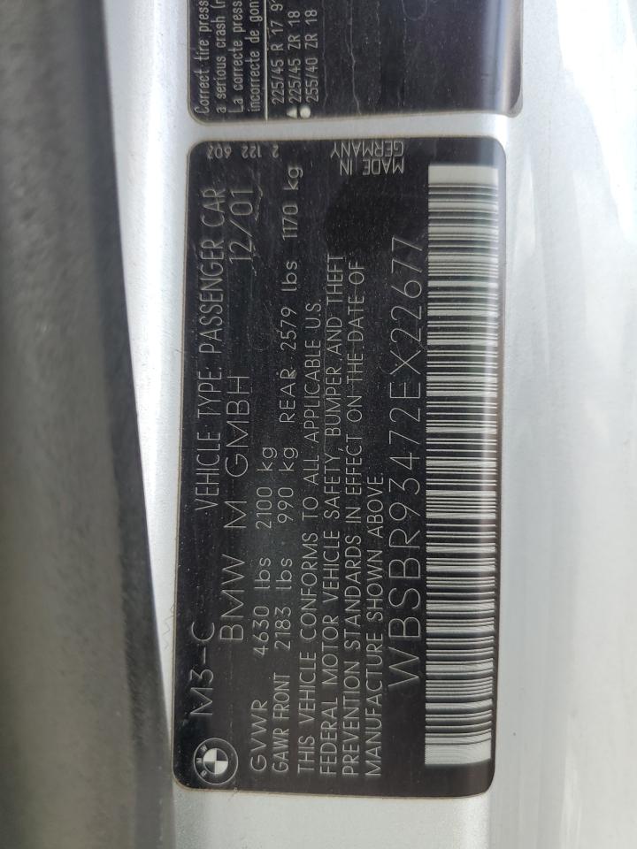 2002 BMW M3 VIN: WBSBR93472EX22677 Lot: 92443675