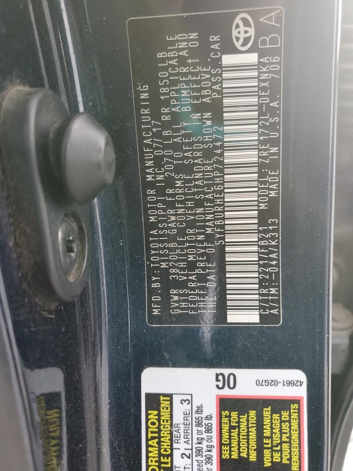 2017 Toyota Corolla L VIN: 5YFBURHE6HP724472 Lot: 92161335