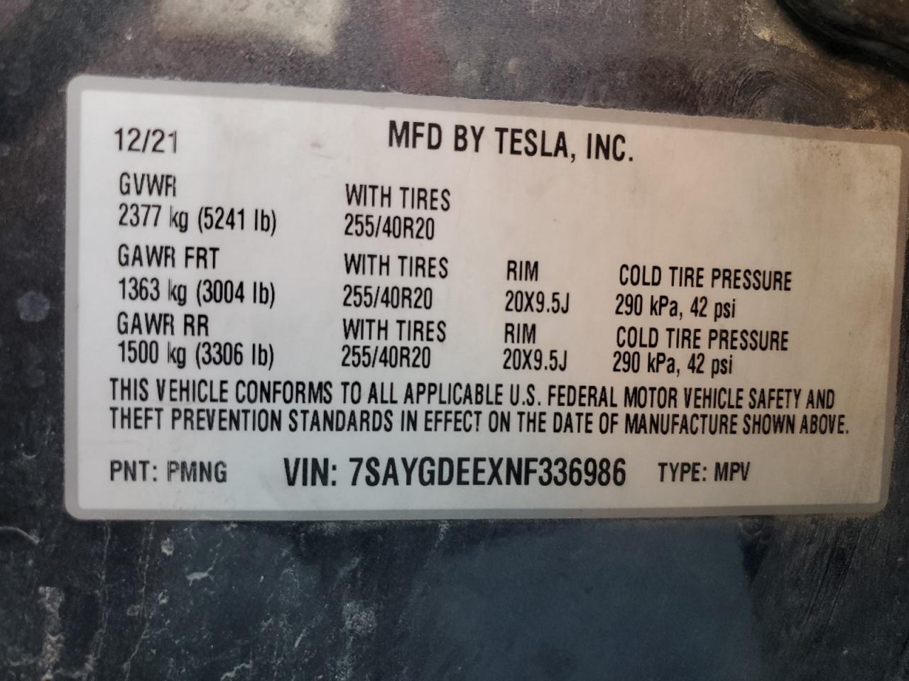 2022 Tesla Model Y VIN: 7SAYGDEEXNF336986 Lot: 92212835