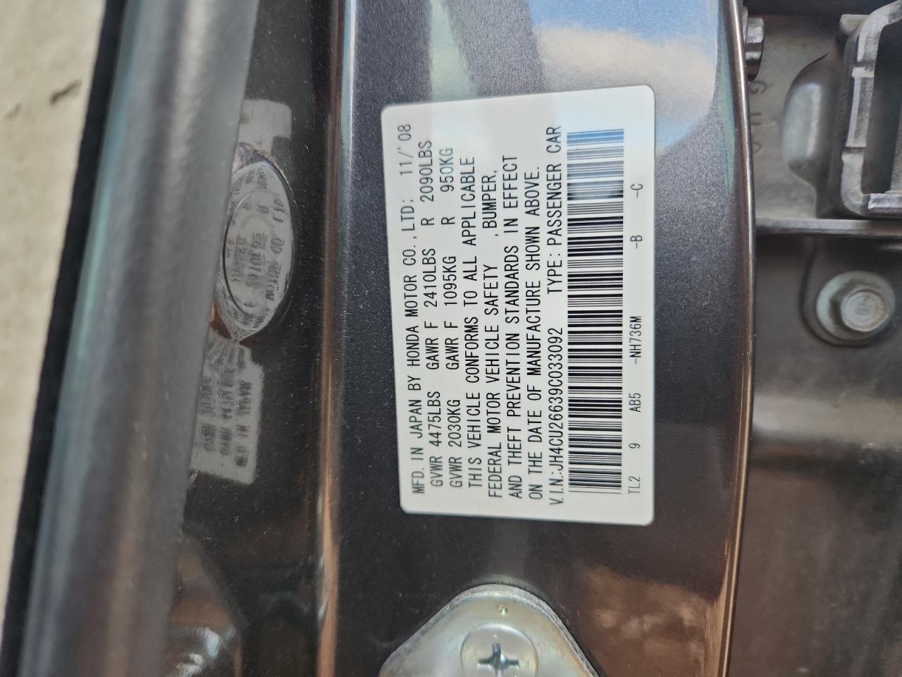 2009 Acura Tsx VIN: JH4CU26639C033092 Lot: 92294505