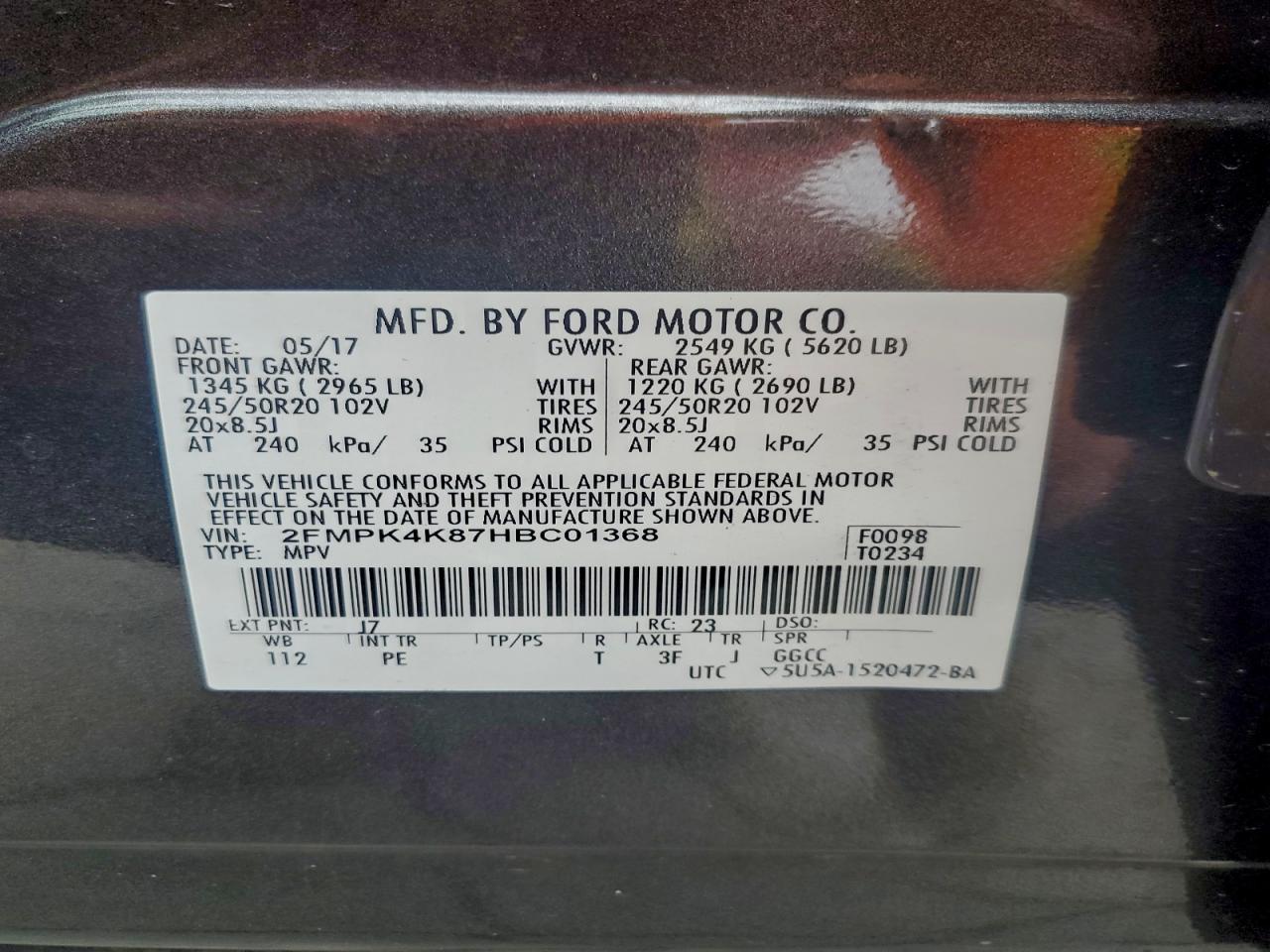 2017 Ford Edge Titanium VIN: 2FMPK4K87HBC01368 Lot: 93845575