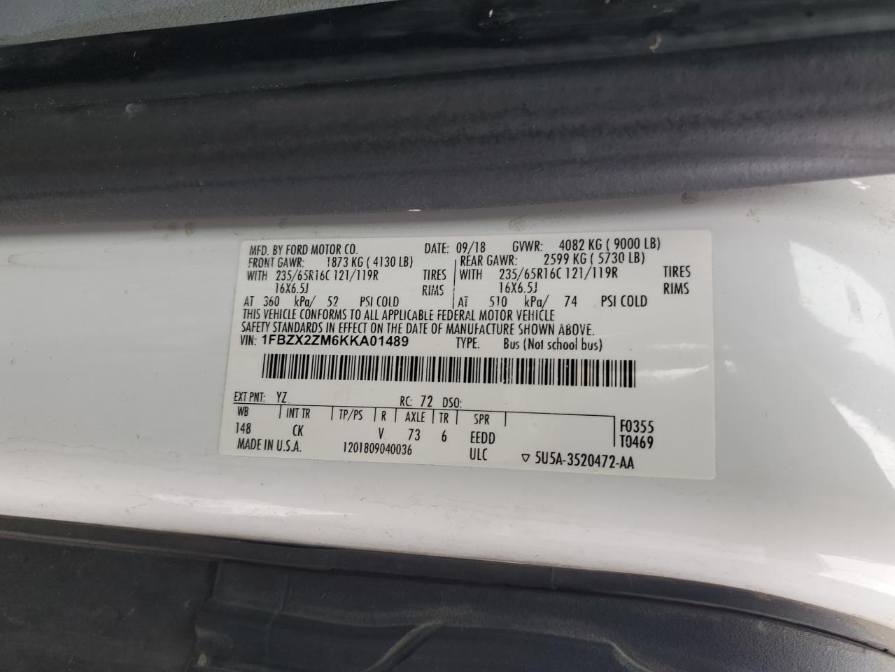 2019 Ford Transit T-350 VIN: 1FBZX2ZM6KKA01489 Lot: 93292605