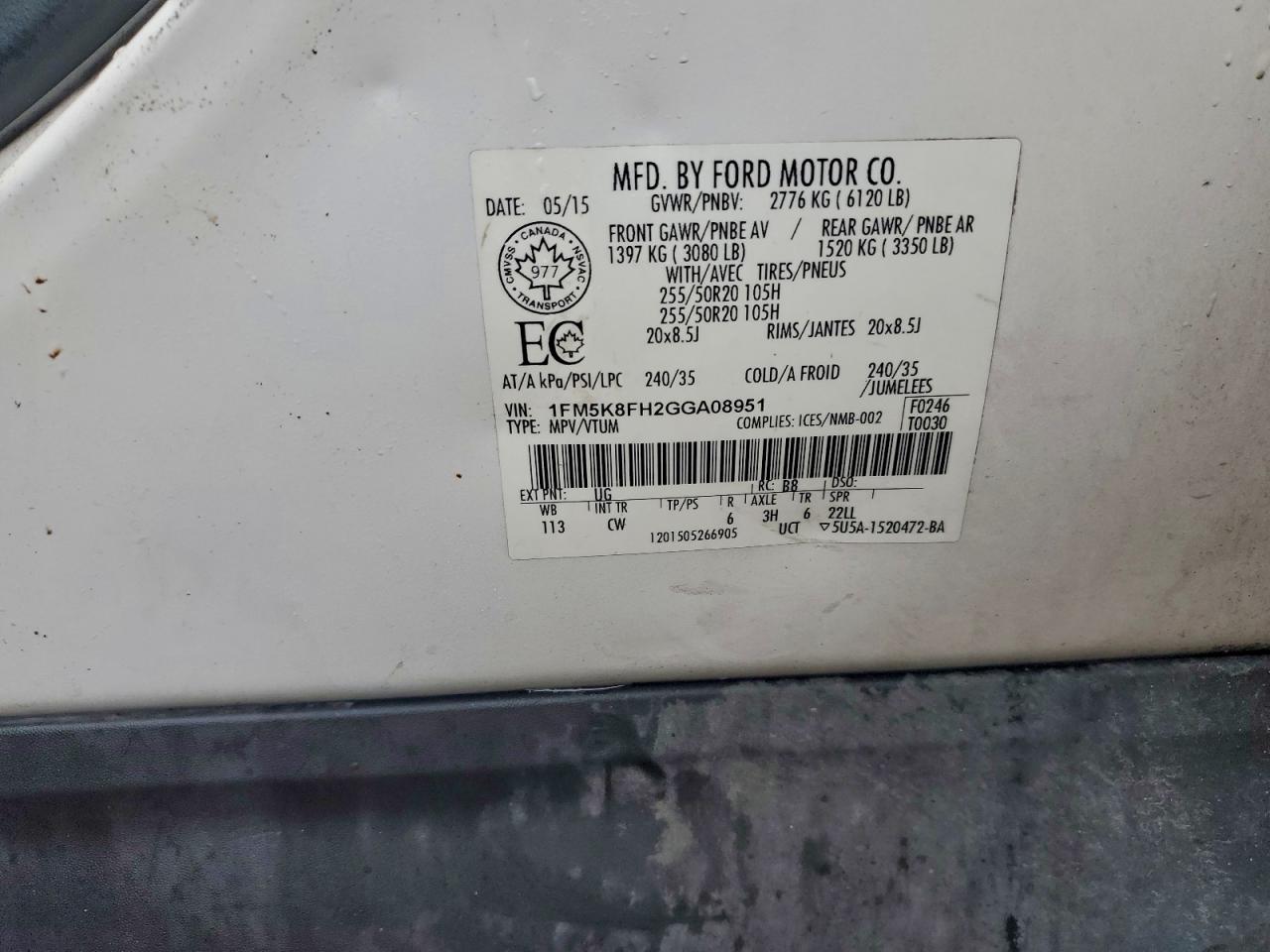 2016 Ford Explorer Limited VIN: 1FM5K8FH2GGA08951 Lot: 93514935