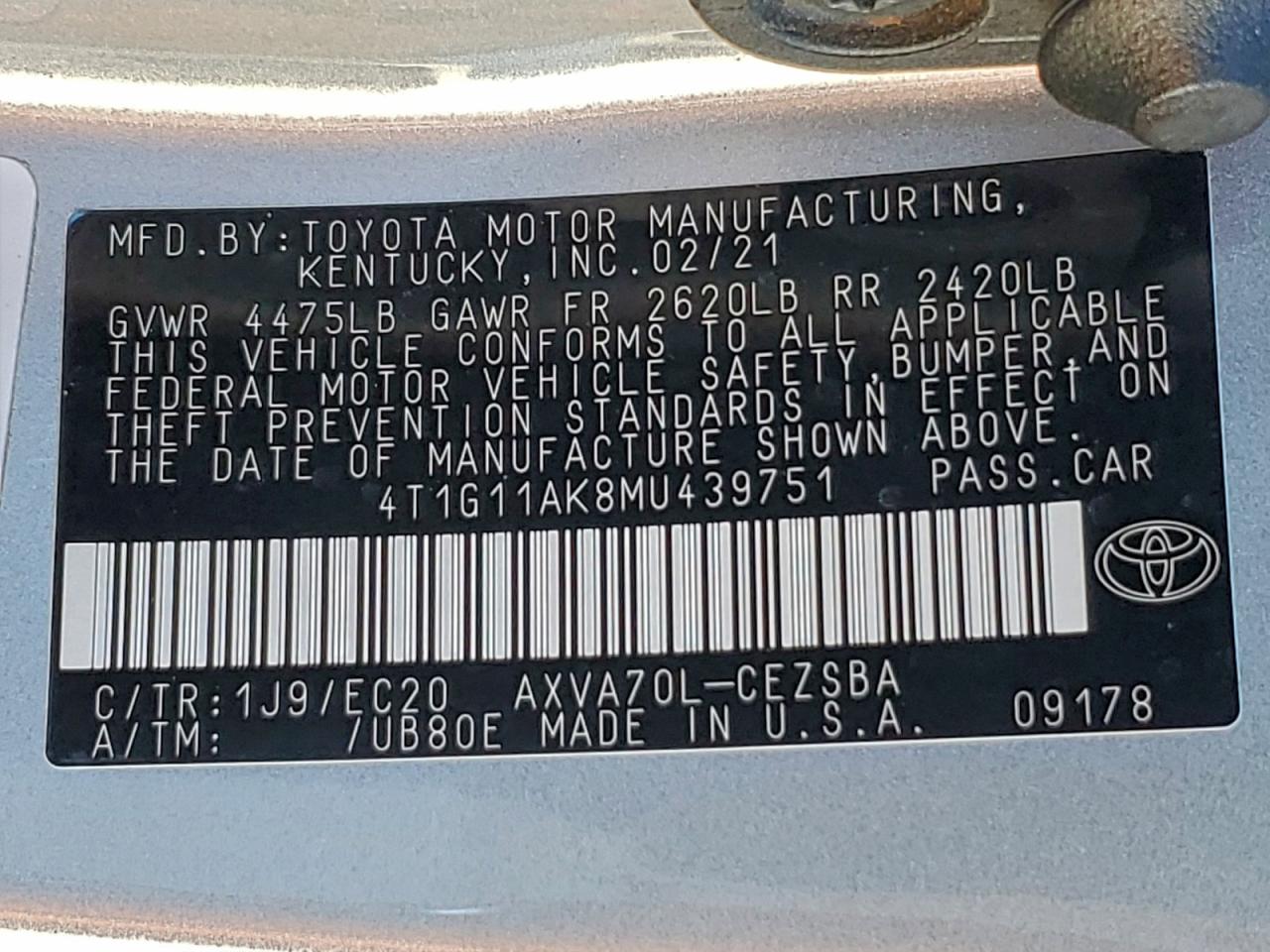 2021 Toyota Camry Se VIN: 4T1G11AK8MU439751 Lot: 94169025