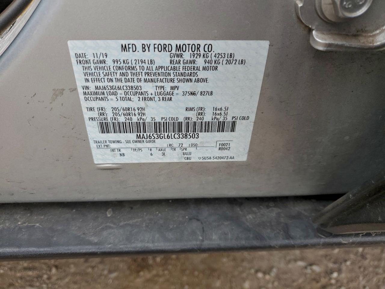 2020 Ford Ecosport Se VIN: MAJ6S3GL6LC338503 Lot: 93764865