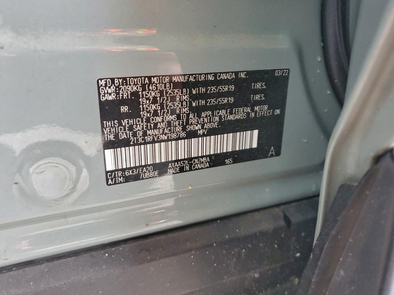 2022 Toyota Rav4 Xle Premium VIN: 2T3C1RFV3NW198786 Lot: 94460435