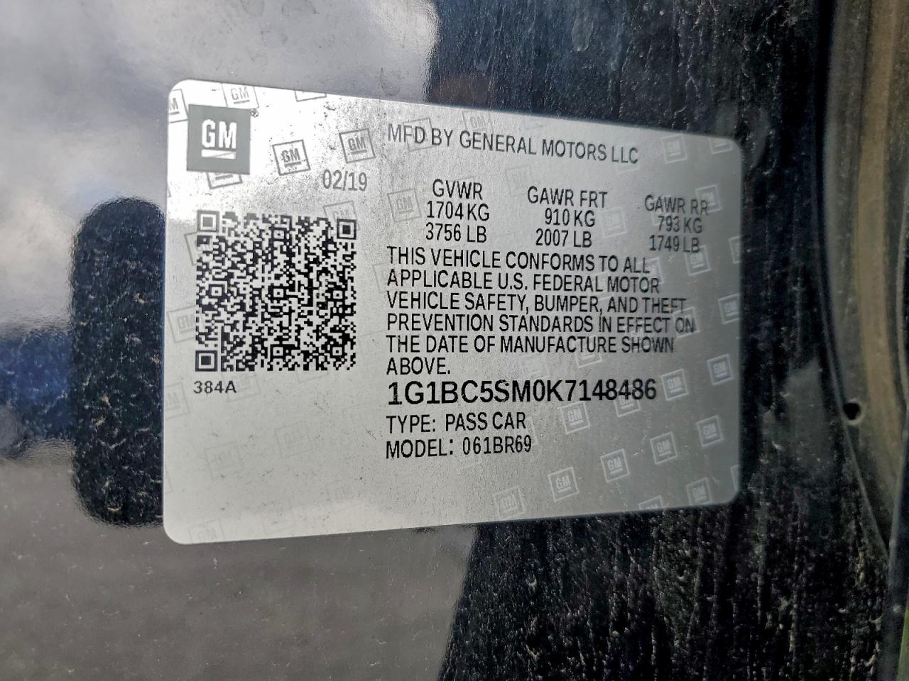 2019 Chevrolet Cruze Ls VIN: 1G1BC5SM0K7148486 Lot: 93880505