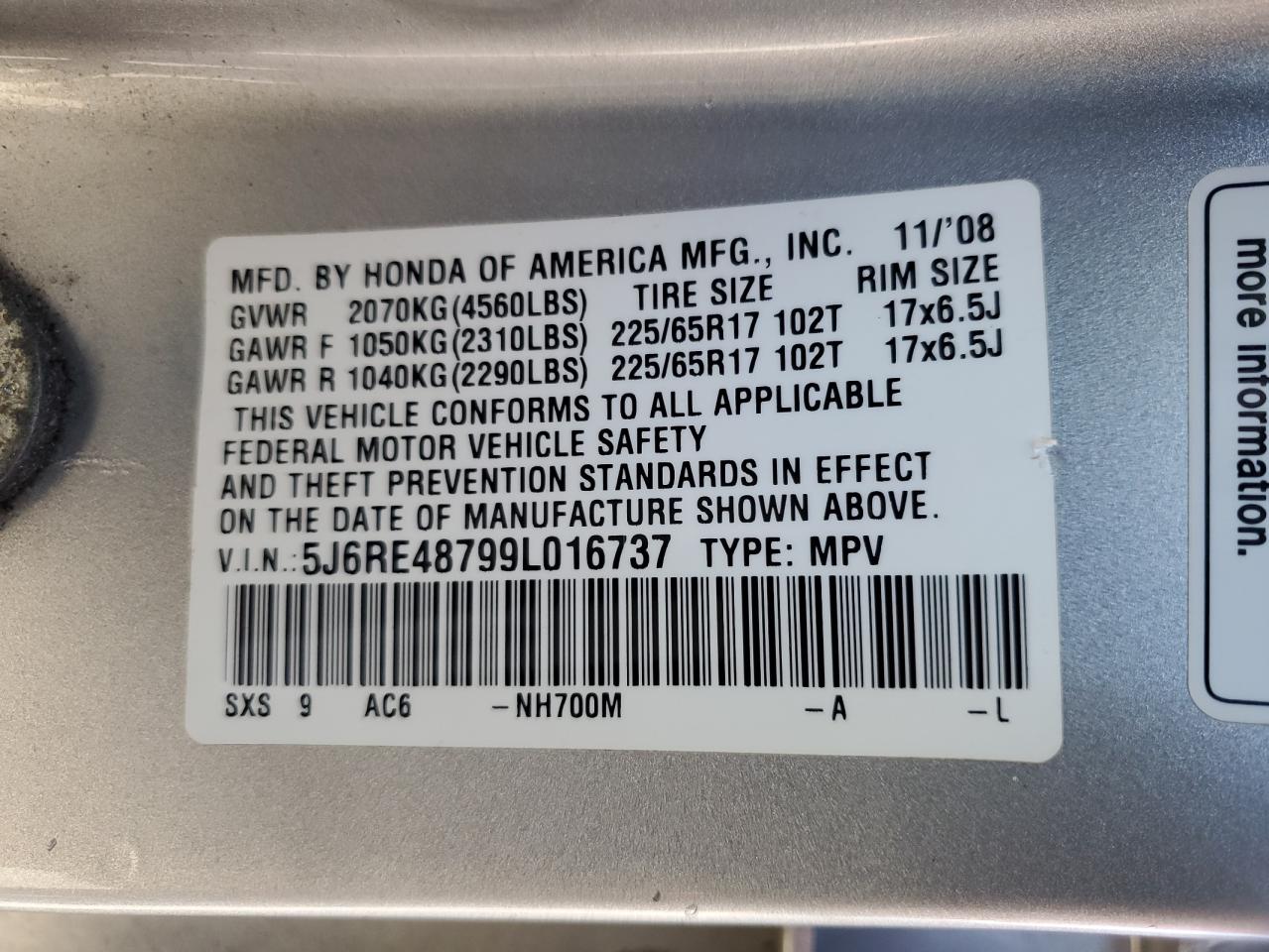 2009 Honda Cr-V Exl VIN: 5J6RE48799L016737 Lot: 92816705
