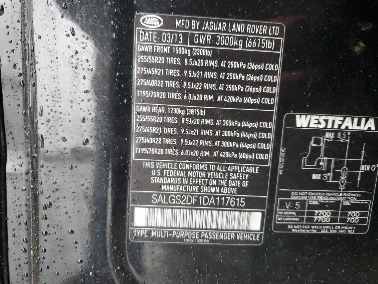 2013 Land Rover Range Rover Hse VIN: SALGS2DF1DA117615 Lot: 93139835