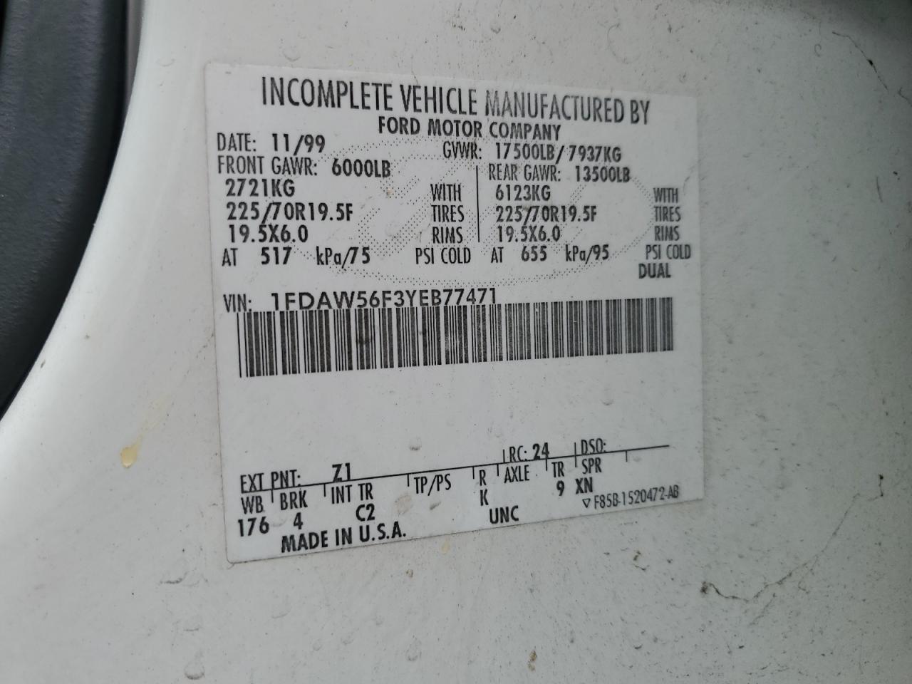 2000 Ford F550 Super Duty VIN: 1FDAW56F3YEB77471 Lot: 90462095