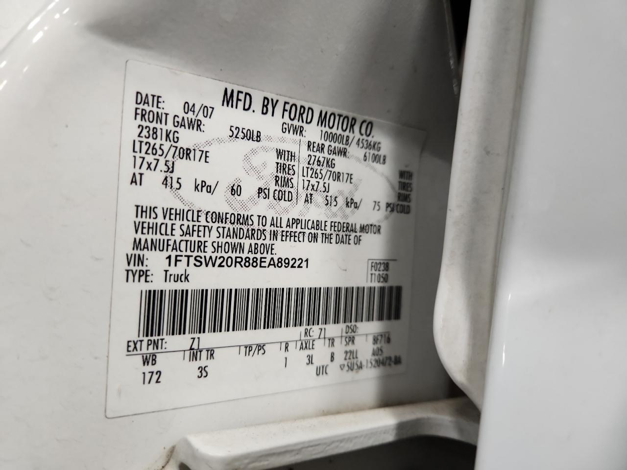 2008 Ford F250 Super Duty VIN: 1FTSW20R88EA89221 Lot: 92243175