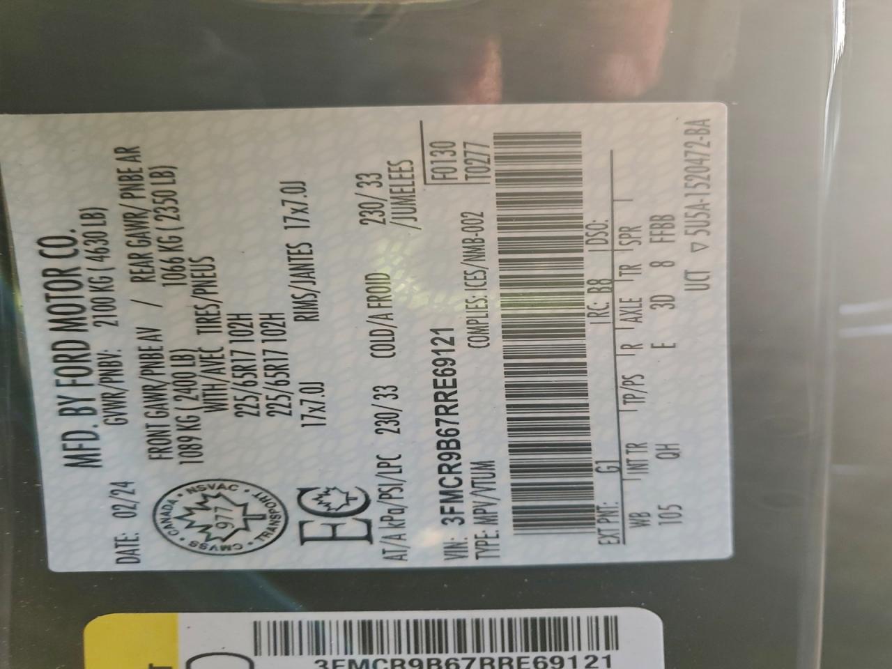 2024 Ford Bronco Sport Big Bend VIN: 3FMCR9B67RRE69121 Lot: 93827785