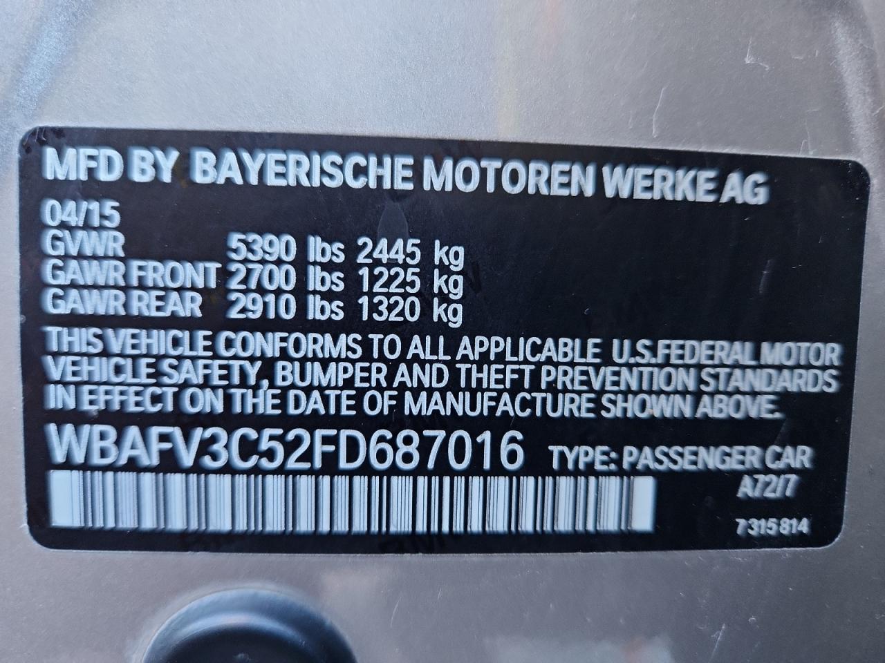 2015 BMW 535 D xDrive VIN: WBAFV3C52FD687016 Lot: 92257495