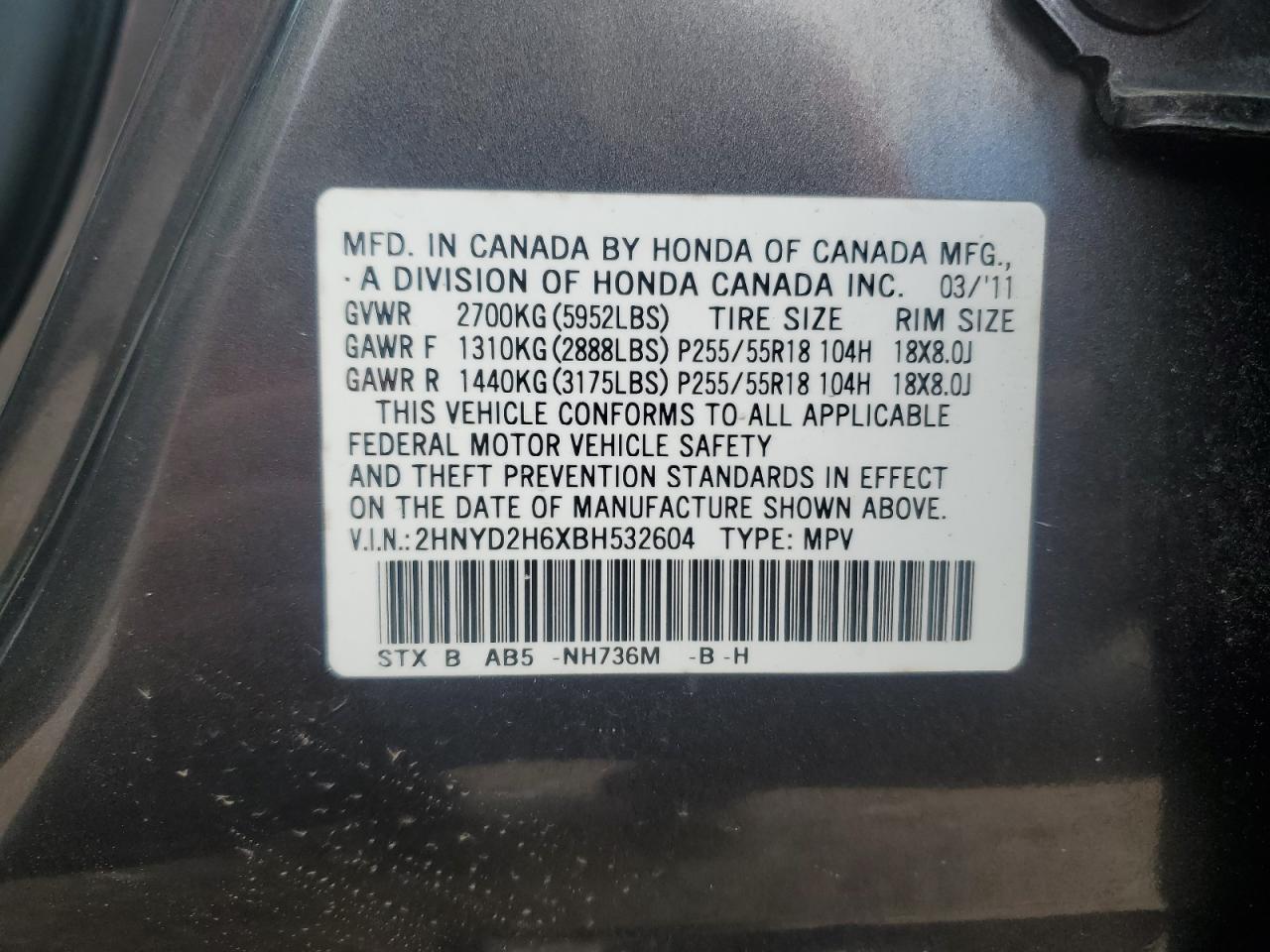 2011 Acura Mdx Technology VIN: 2HNYD2H6XBH532604 Lot: 91631955