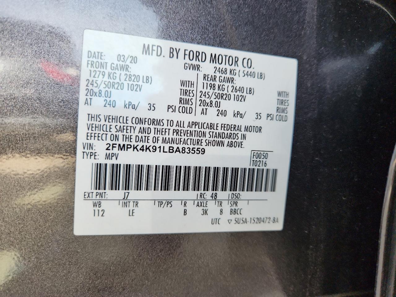 2020 Ford Edge Titanium VIN: 2FMPK4K91LBA83559 Lot: 90904925