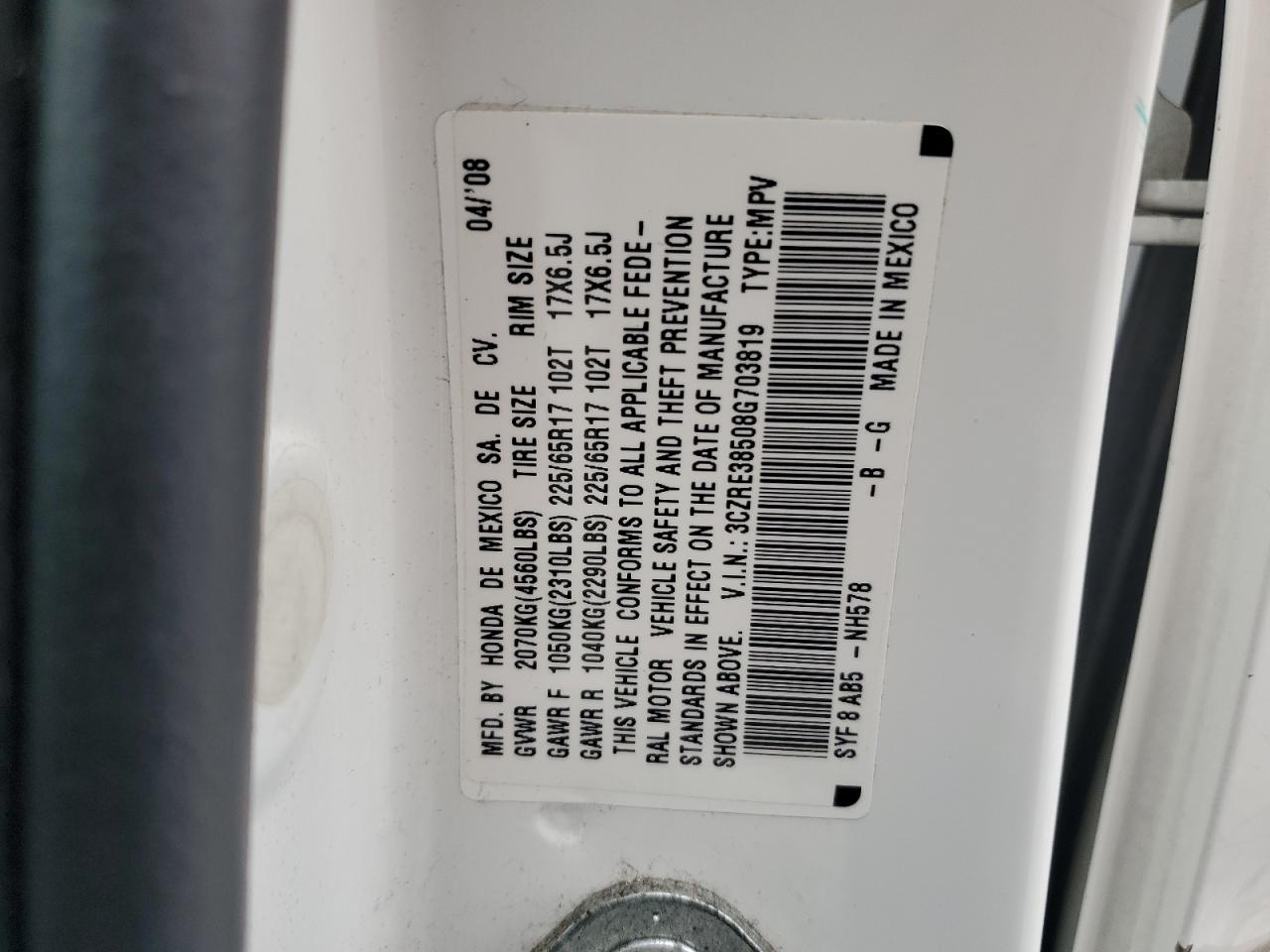 2008 Honda Cr-V Ex VIN: 3CZRE38508G703819 Lot: 93682325