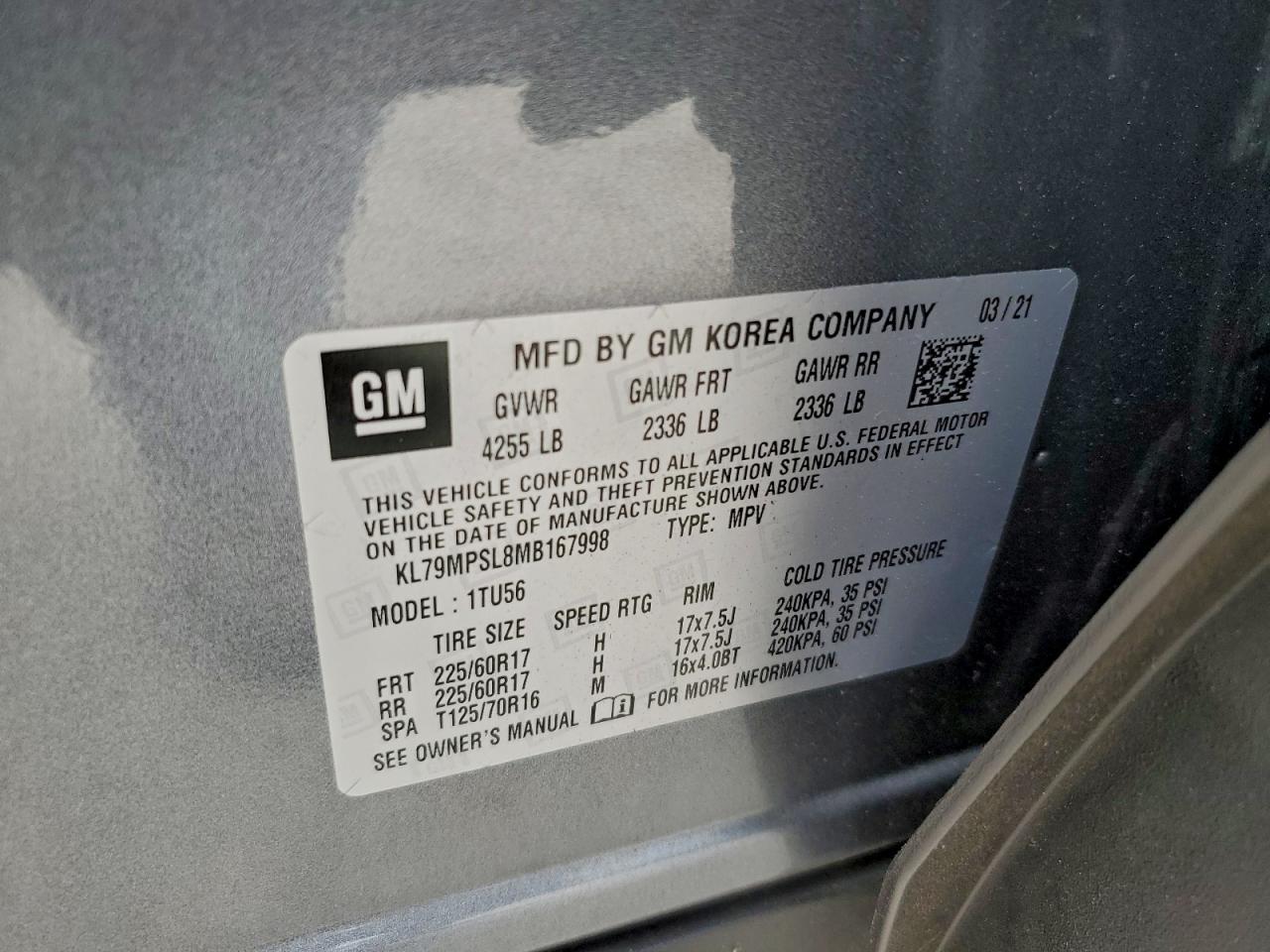 2021 Chevrolet Trailblazer Lt VIN: KL79MPSL8MB167998 Lot: 94278755