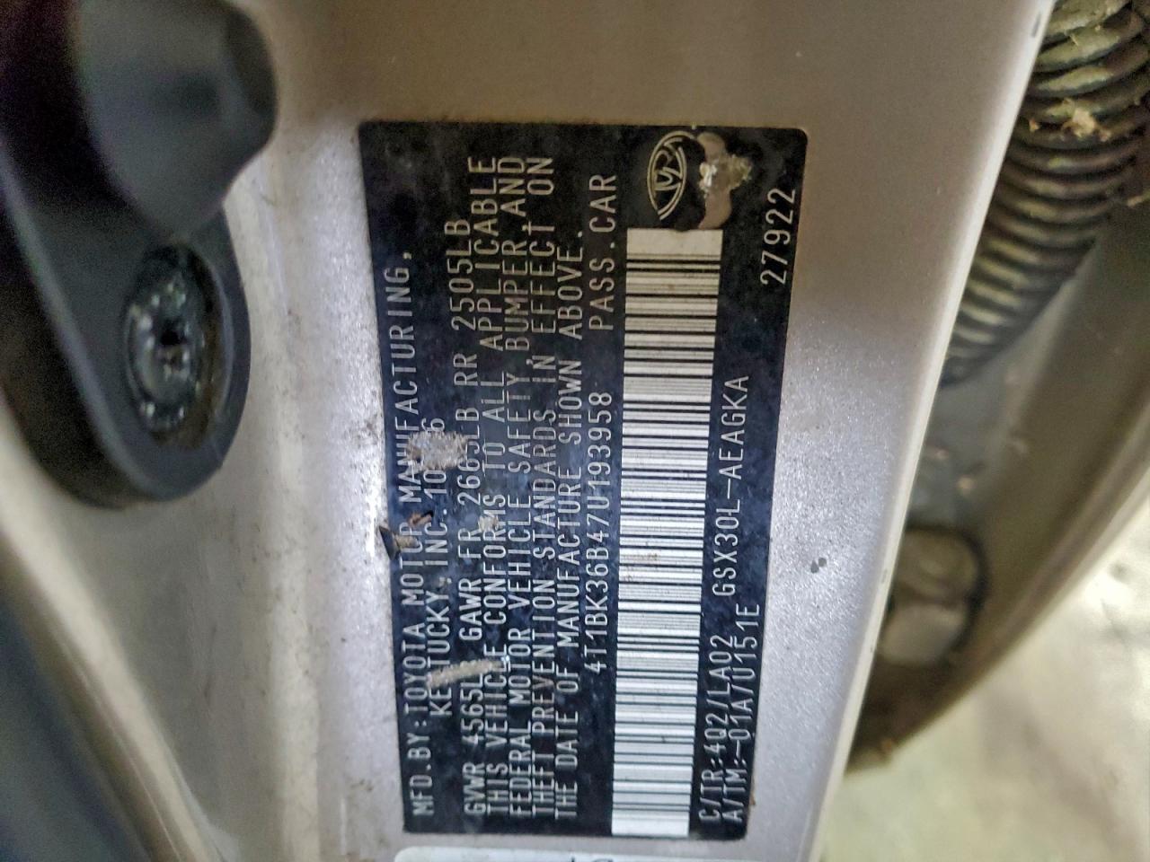 2007 Toyota Avalon Xl VIN: 4T1BK36B47U193958 Lot: 94507875