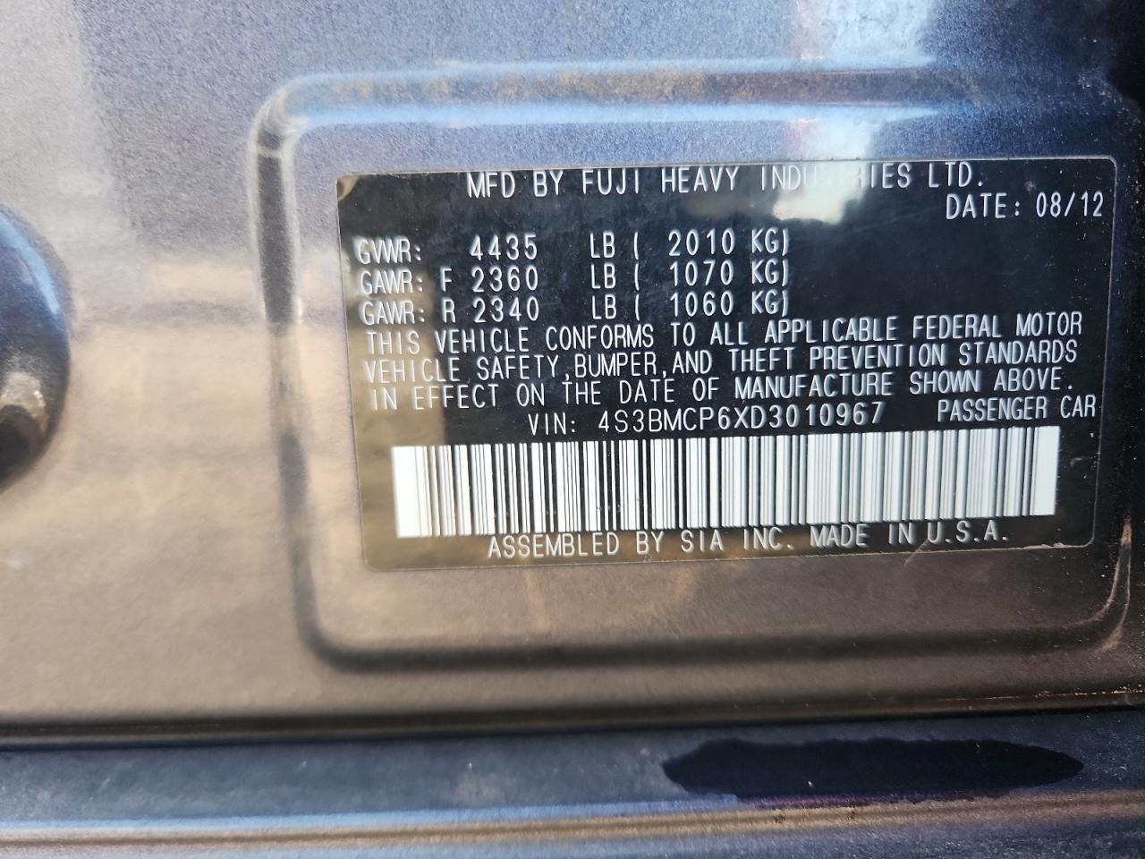 2013 Subaru Legacy 2.5I Limited VIN: 4S3BMCP6XD3010967 Lot: 90736345