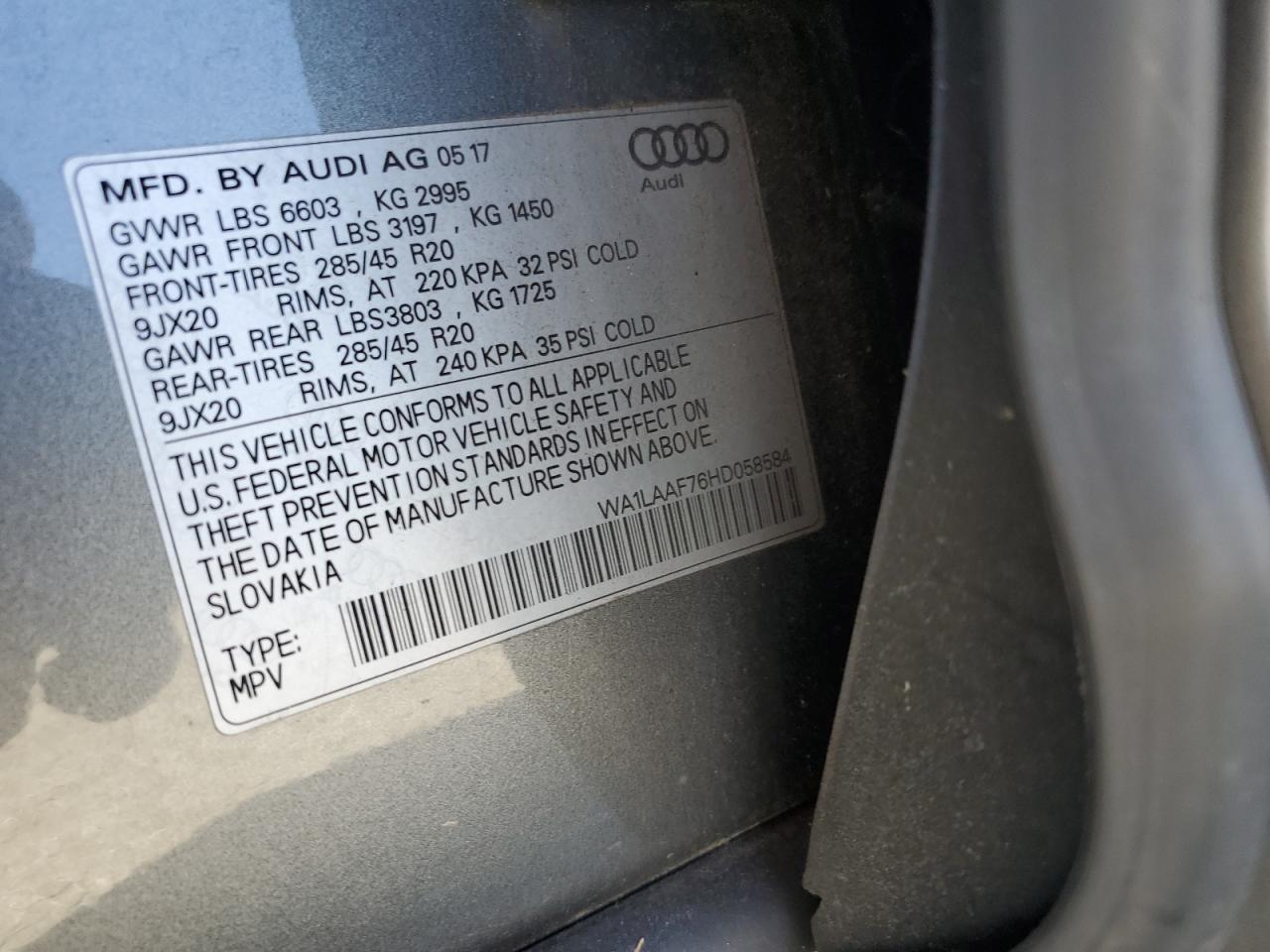 2017 Audi Q7 Premium Plus VIN: WA1LAAF76HD058584 Lot: 92901095