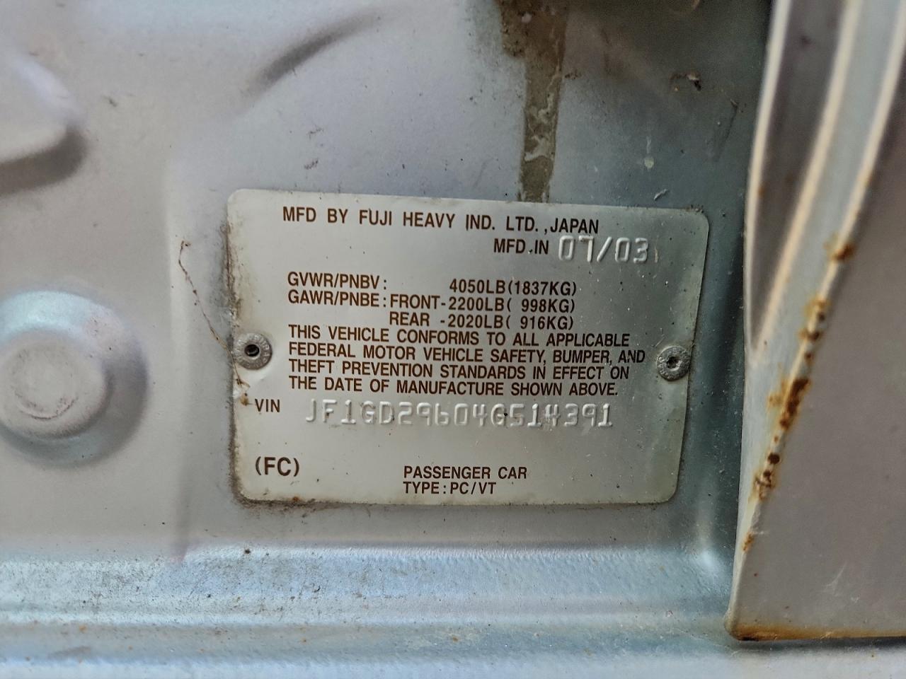 2004 Subaru Impreza Wrx VIN: JF1GD29604G514391 Lot: 93928295