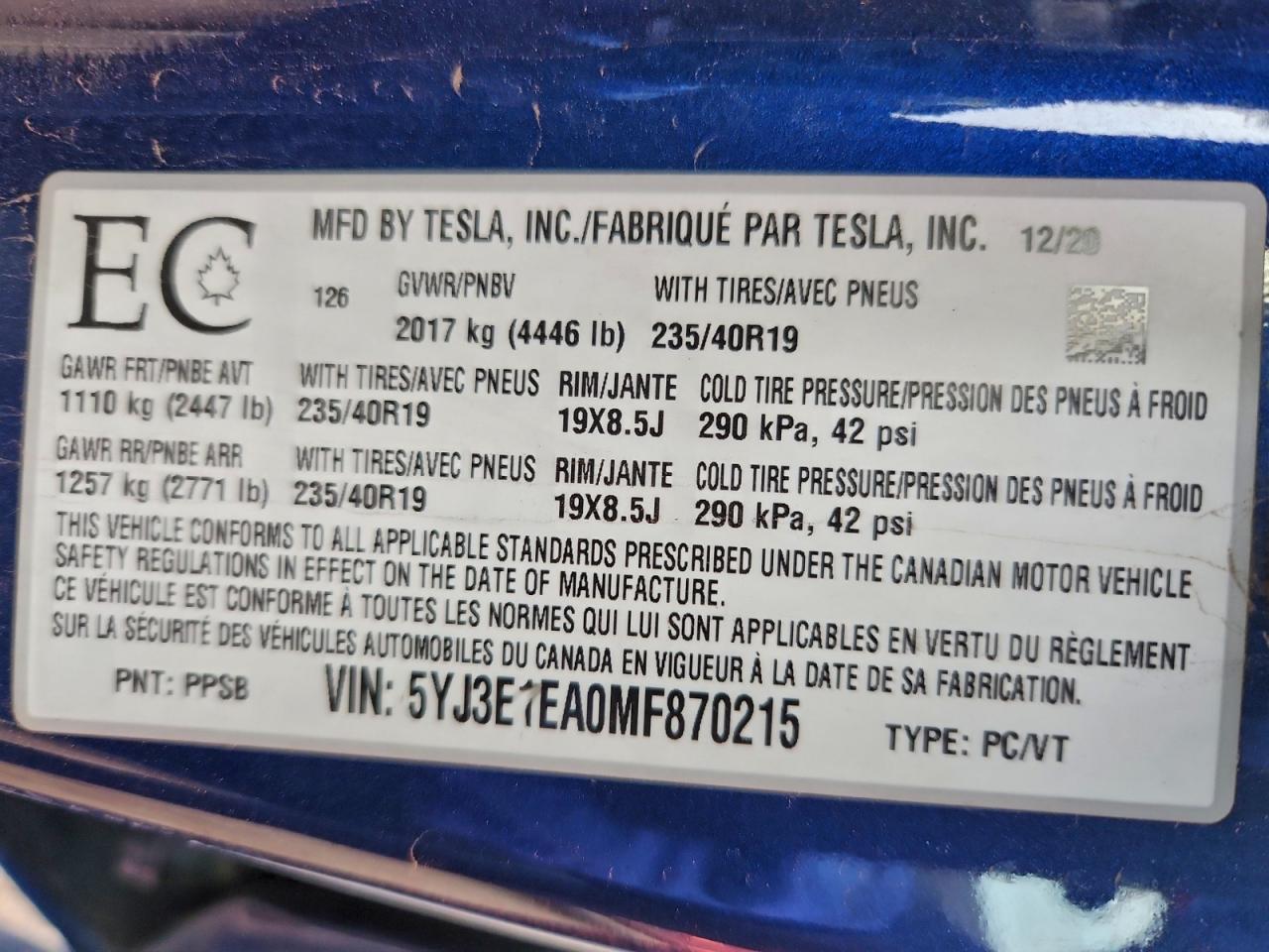 2021 Tesla Model 3 VIN: 5YJ3E1EA0MF870215 Lot: 94316905