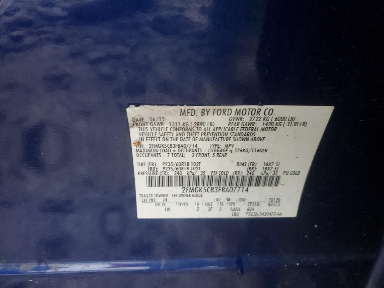 2015 Ford Flex Sel VIN: 2FMGK5C83FBA07714 Lot: 92499625