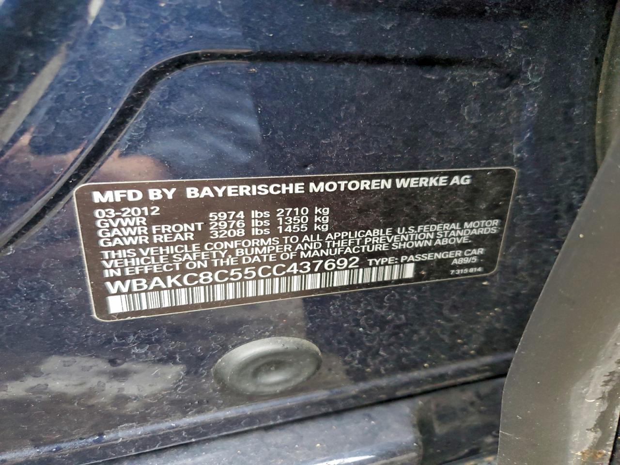 2012 BMW 750 Lxi VIN: WBAKC8C55CC437692 Lot: 93992745