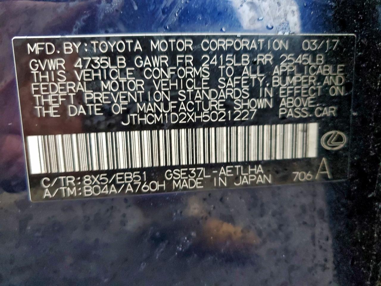 2017 Lexus Is 300 VIN: JTHCM1D2XH5021227 Lot: 93892095