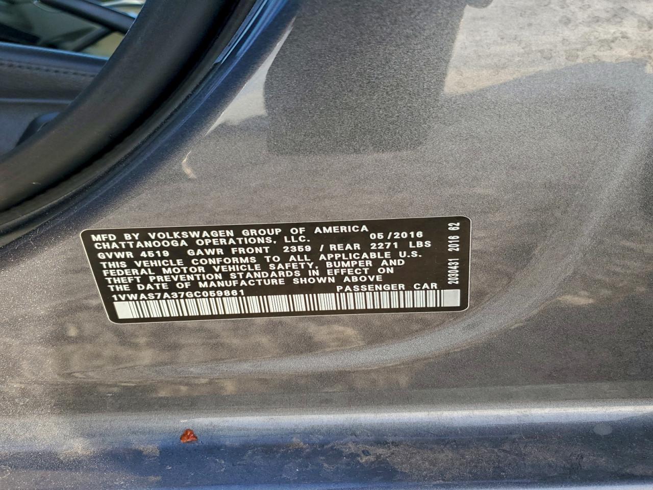 2016 Volkswagen Passat S VIN: 1VWAS7A37GC059861 Lot: 93862185