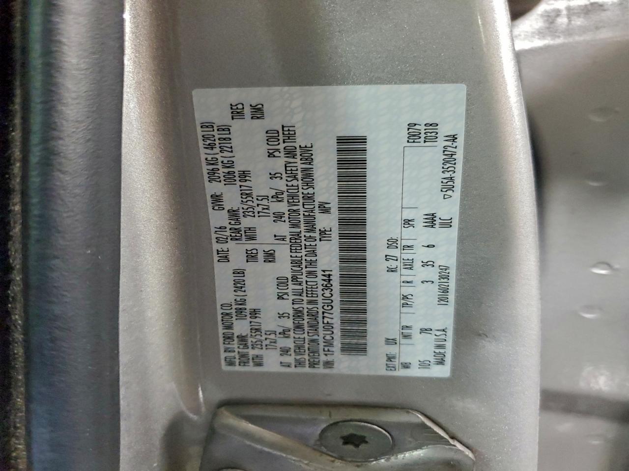 2016 Ford Escape S VIN: 1FMCU0F77GUC36441 Lot: 94064495