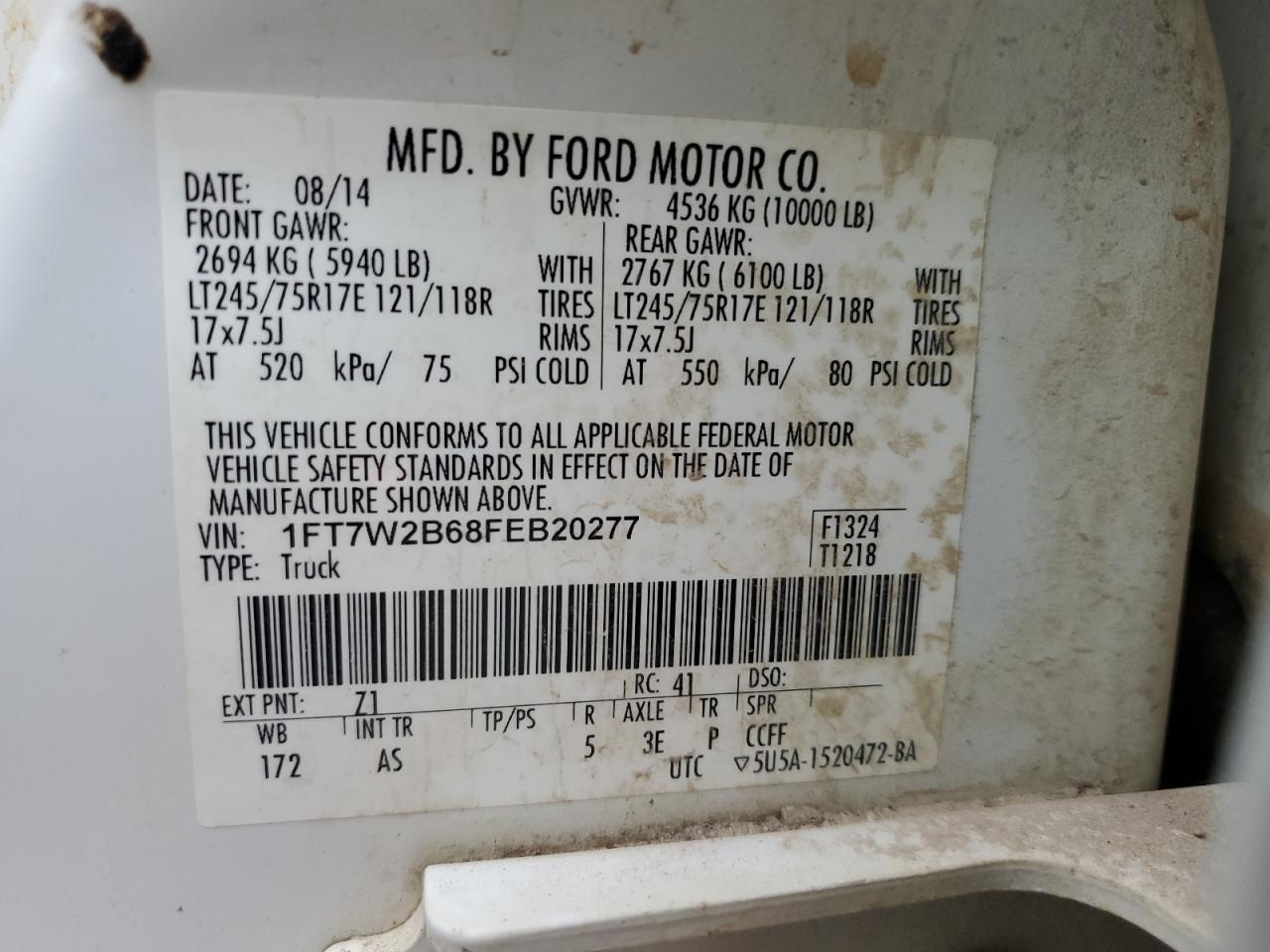 2015 Ford F250 Super Duty VIN: 1FT7W2B68FEB20277 Lot: 91899675